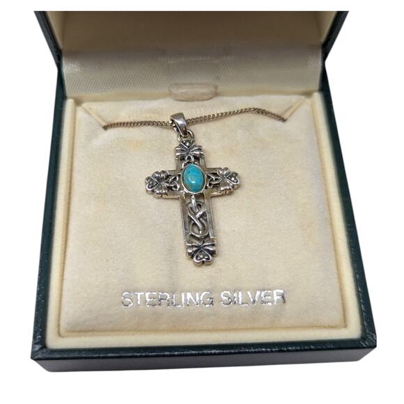 925 Sterling Silver Turquoise Cross Pendant Necklace Vintage Celtic Design - Picture 2 of 3